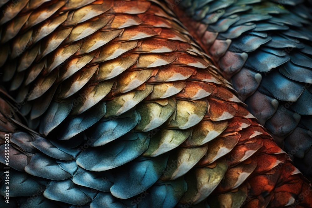 Poster a close-up view of vibrant and colorful bird feathers.