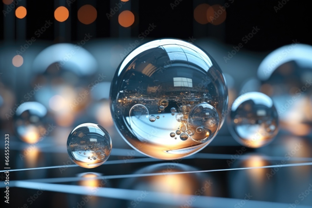 Poster Glass spheres sitting on top of a table. This image can be used for various purposes