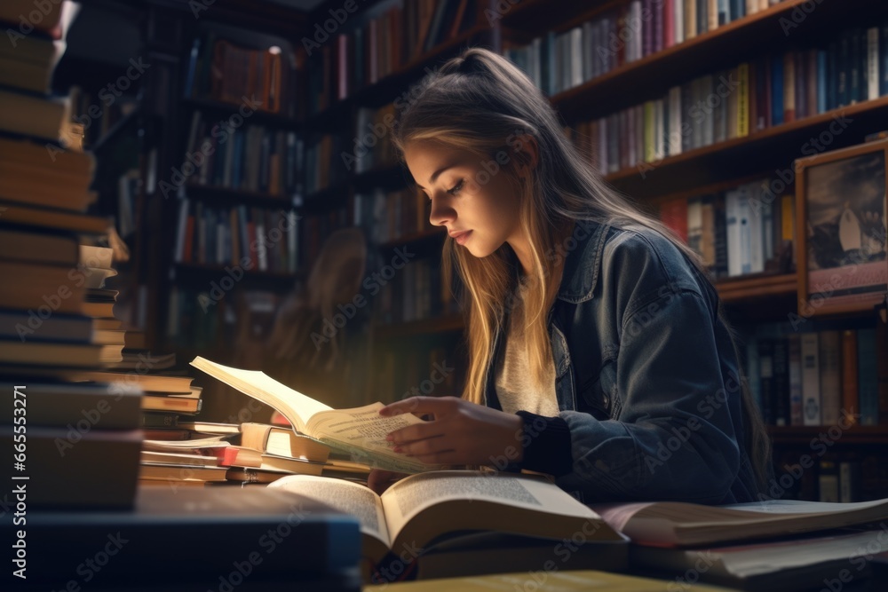 Poster a girl engrossed in reading a book in a peaceful library. this image can be used to depict the joy o