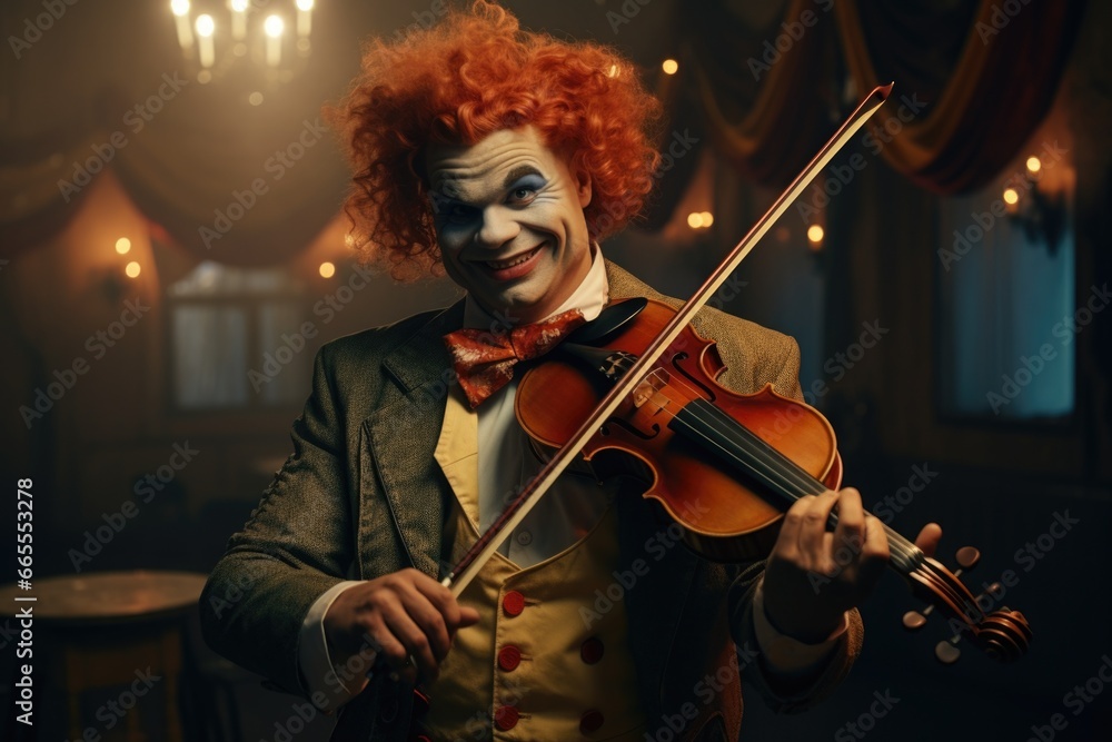 Poster a man dressed as a clown playing a violin. this image can be used to depict a circus performer or to