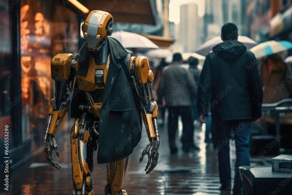 Poster A robot is seen walking down a city street in the rain. This image can be used to depict futuristic technology or the integration of robots in urban environments