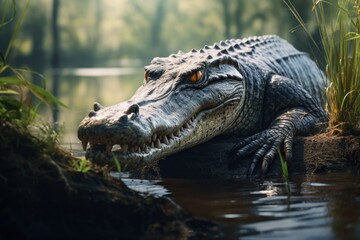An alligator peacefully lying down in the water. Suitable for nature and wildlife-themed designs - obrazy, fototapety, plakaty