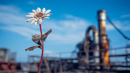 Wilted white flower in front of industrial ruins