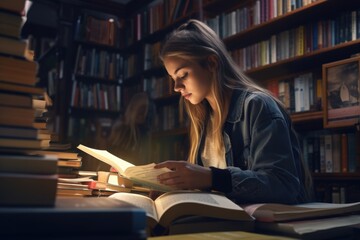 A girl engrossed in reading a book in a peaceful library. This image can be used to depict the joy of reading or the importance of education in various educational or literary-related projects