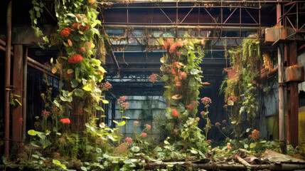 Vines and flowers cascading down the rusty metal framework of an abandoned factory
