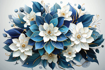 Beautiful flowers mandala pattern element. isolated floral on white background. cartoon hand drawn illustration. design for texture, scrapbook, fabric, decorating, sticker. blue, white - obrazy, fototapety, plakaty