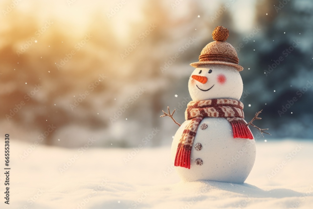 Poster A snowman wearing a hat and scarf, standing in the snow. This image can be used to represent winter, Christmas, or holiday themes