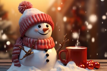 A cute snowman sitting next to a cup of coffee. Perfect for winter-themed designs and holiday promotions