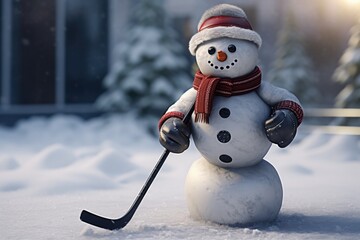 A snowman holding a hockey stick. Perfect for winter sports or holiday-themed designs