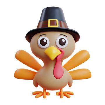 Cute Turkey character 3d render. 3d rendered cartoon illustration. Little turkey in pilgrim hat