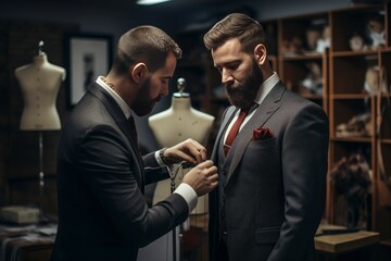 Tailor measuring mannequin for custom made suit businessman. Studio atelier person. Generate Ai