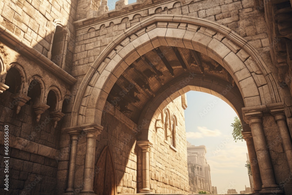 Poster A picture of a stone archway with a clock tower in the background. This image can be used to depict historical architecture or to symbolize the passage of time.