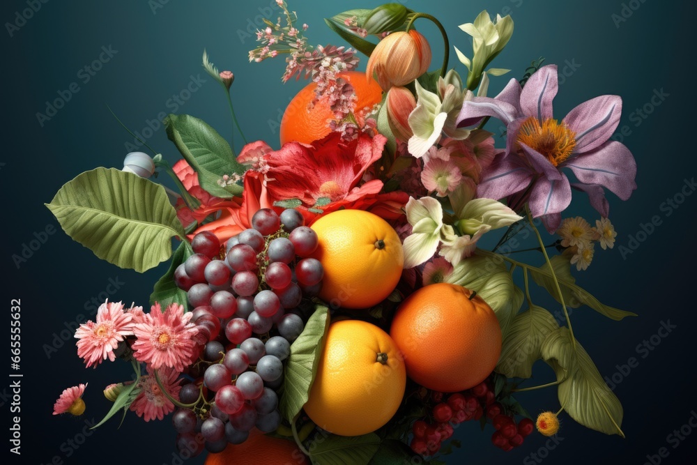 Poster a vase filled with a vibrant assortment of fresh fruit and beautiful flowers. this picture can be us