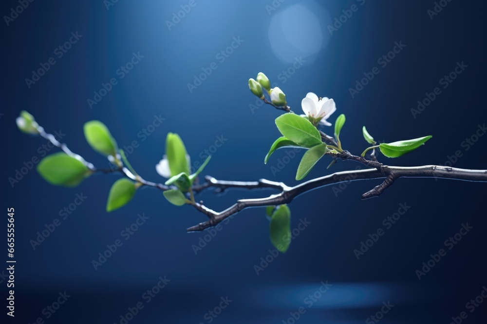 Poster a close-up image of a branch from a tree with delicate white flowers. this picture can be used to en