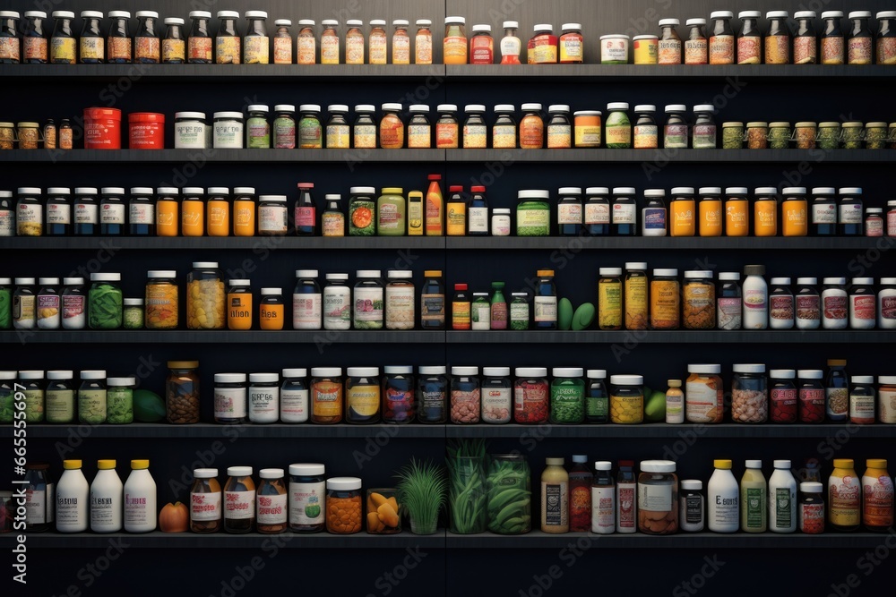 Poster A collection of various bottles and jars of food neatly arranged on a shelf. This image can be used to showcase a variety of preserved food products or to illustrate a well-stocked pantry.