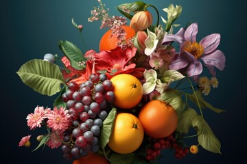 Obraz na płótnie Canvas A vase filled with a vibrant assortment of fresh fruit and beautiful flowers. This picture can be used to add a pop of color and freshness to any home or event decor.