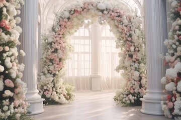 A wedding arch adorned with beautiful white and pink flowers. Perfect for adding a romantic touch to any wedding ceremony or outdoor event. - obrazy, fototapety, plakaty