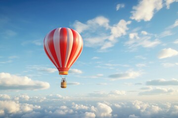 Fototapeta premium A vibrant red and white hot air balloon soaring through the sky. Perfect for travel and adventure concepts.