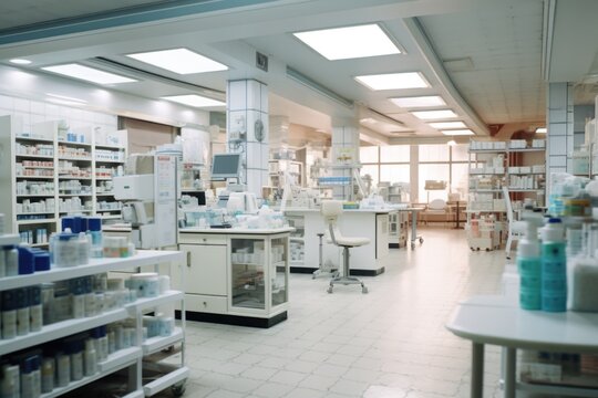 A picture of a pharmacy room filled with shelves and numerous bottles. This image can be used to depict a well-stocked pharmacy or to illustrate the pharmaceutical industry.