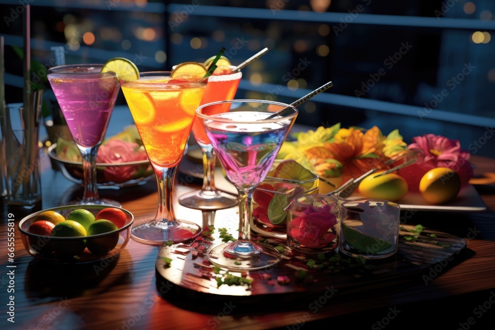 Poster a wooden table is adorned with glasses filled with various drinks. perfect for showcasing a drink me