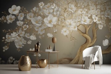Wallpaper with mural tree featuring a golden stem, golden pearl, and white flowers on an abstract floral background. Generative AI