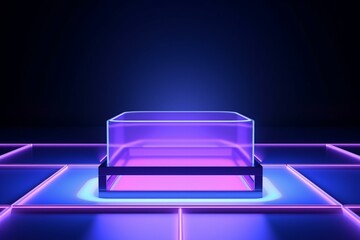 Abstract 3D background with cubic box and neon light. Glowing UV performance stage decoration. Generative AI - obrazy, fototapety, plakaty