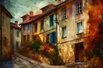 Fototapeta na wymiar Impressionistic painting of a modern European street with beautiful old vintage houses. Ideal for wall art and touristic production. Generative AI