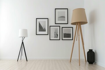 Frames and lamp - standing light in front of white wall. Generative AI