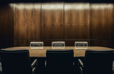 Bleak and dark conference room, wooden panels - obrazy, fototapety, plakaty