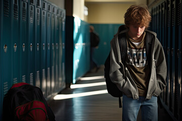 Upset bullied teen suffering sitting on the floor in the school corridor