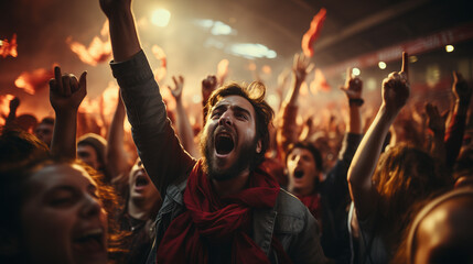 Fototapeta na wymiar Fans cheering in a soccer stadium.