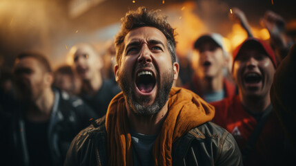 Fototapeta na wymiar Fans cheering in a soccer stadium.