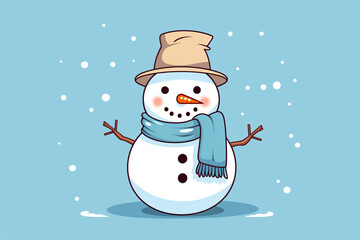 Snowman in a hat and scarf on a blue background with snowflakes
