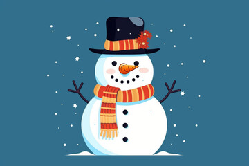 Snowman in a hat and scarf on a blue background with snowflakes