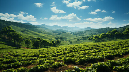 Fototapeta na wymiar Green field with rows of harvesting.