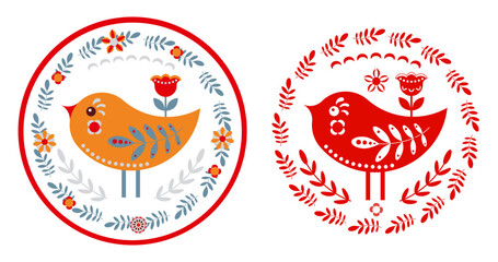 Nestling in patterned frame and a silhouette of a bird. Folk art. Emblem, logo, mascot, stamp.