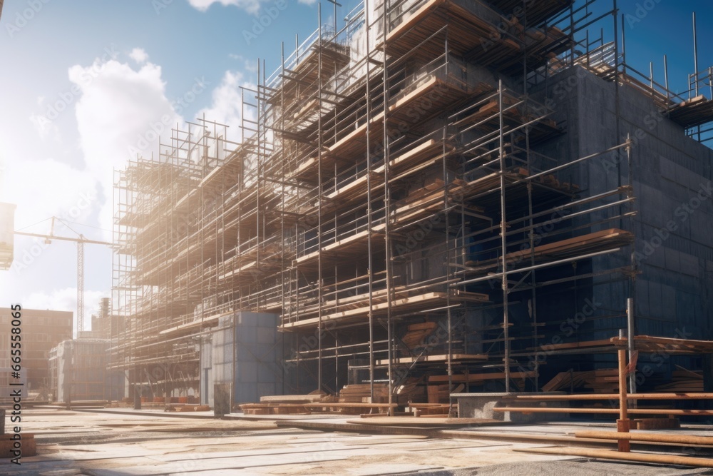 Poster A picture of a construction site with scaffolding. This image can be used to depict construction, architecture, or building projects.