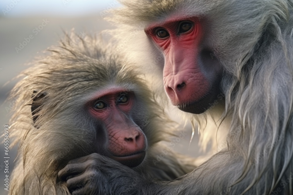 Poster a picture of a couple of monkeys standing next to each other. this image can be used to represent co