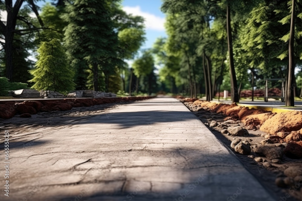 Poster a picture of a paved road with rocks and trees in the background. this image can be used to depict a