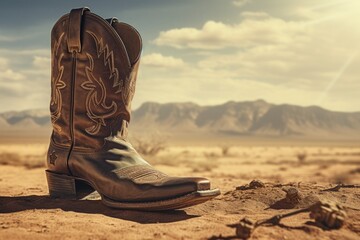 A pair of cowboy boots sitting on top of a dirt field. This image can be used to depict western or rural themes - obrazy, fototapety, plakaty