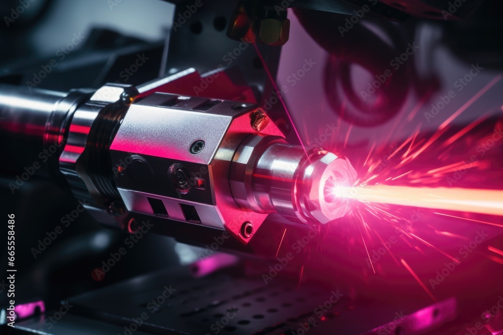 Poster a red laser being used on a machine. can be used to illustrate precision, technology, or manufacturi