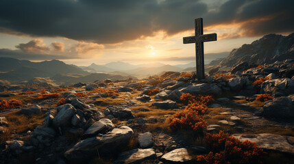 Holy cross on mount with a light and clouds - obrazy, fototapety, plakaty