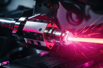 A red laser being used on a machine. Can be used to illustrate precision, technology, or manufacturing processes