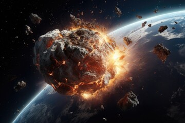 An image capturing the intense moment of an exploding asteroid, with a planet visible in the background. 