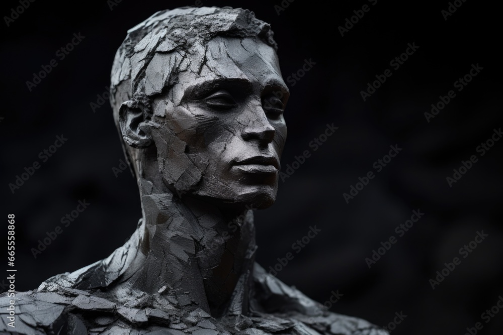 Poster A close up of a statue of a man. Can be used for historical or art-related projects.