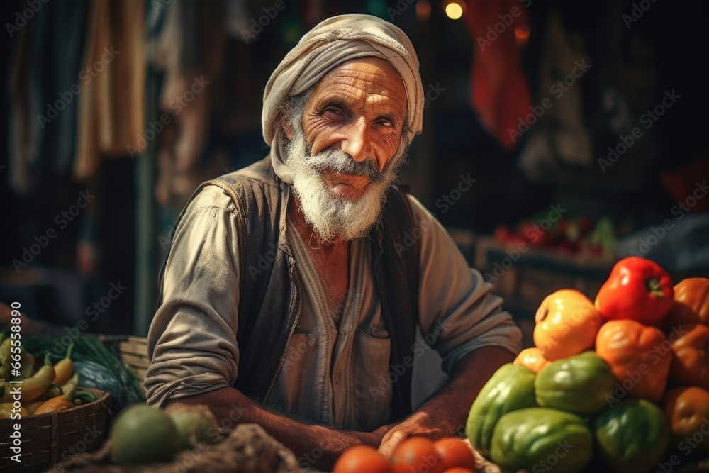 Poster a man sitting in front of a pile of assorted fruits. ideal for food and nutrition-related content.