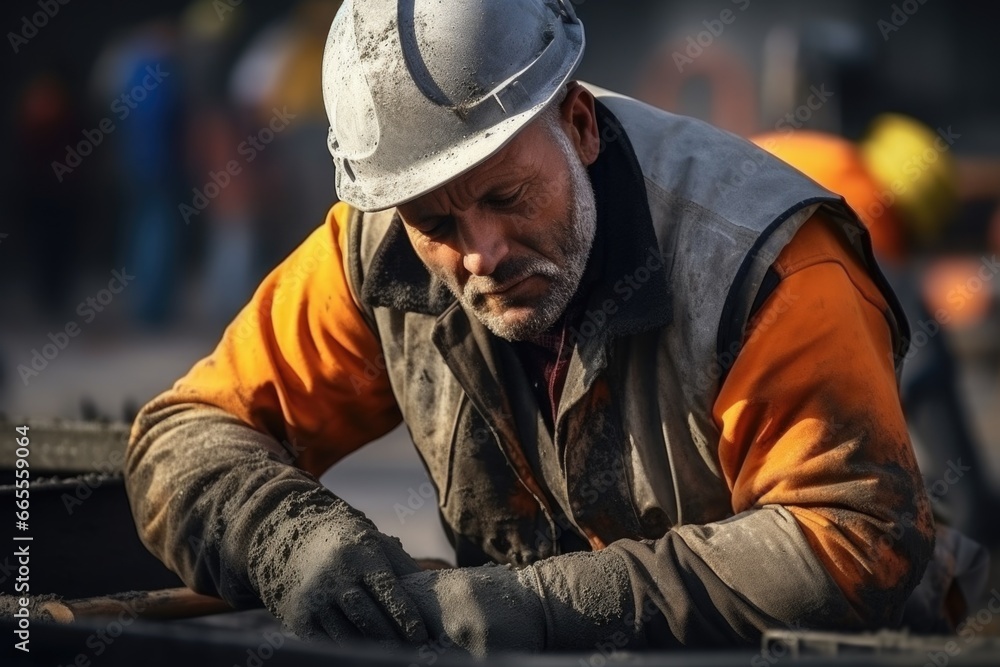 Poster a man wearing a hard hat is seen working on a piece of metal. this image can be used to depict indus