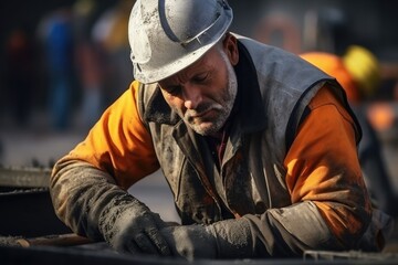 A man wearing a hard hat is seen working on a piece of metal. This image can be used to depict industrial work, construction, or engineering projects.