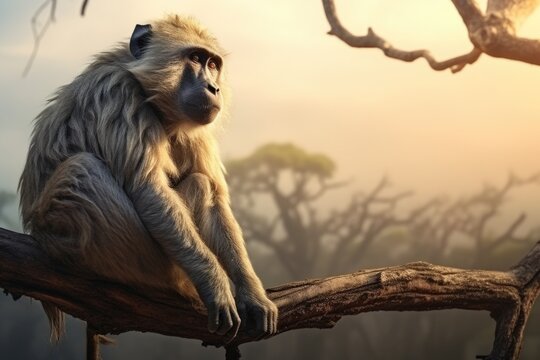 A monkey is seen sitting on a tree branch. This image can be used to depict wildlife, nature, or animals in their natural habitat.