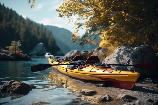 A yellow kayak sitting on the shore of a lake. This picture can be used to depict outdoor water activities and leisure.